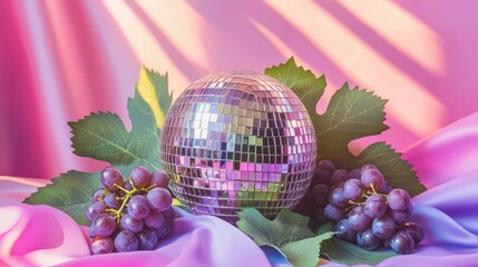 Poster - Vibrant disco ball on a colorful backdrop with fresh grapes accentuating a lively and stylish aesthetic in a whimsical composition