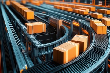 Poster - Efficient and Modern Parcel Handling System with Orange Boxes on a Conveyor Belt in an Industrial Warehouse Environment