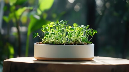 Wall Mural - Modern circular plant pot showcasing healthy sprouts against a vibrant greenery backdrop in natural sunlight.