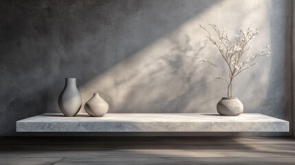 Aufkleber - Minimalist shelf display with white stone and vases under natural light showcasing decor and product presentation concepts