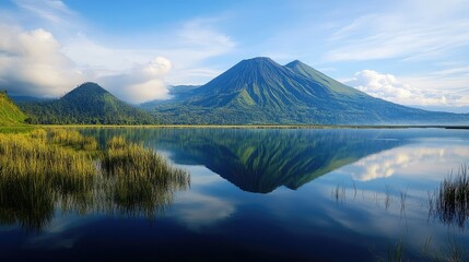 Aufkleber - Majestic Volcanic Mountains and Serene Reflections on a Tranquil Lake Under Clear Blue Skies