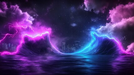 Poster - Captivating City at Night with Quantum Wave of Vibrant Digital Light   Cinematic futuristic landscape featuring a neon lit urban setting electric storm and dynamic abstract digital elements