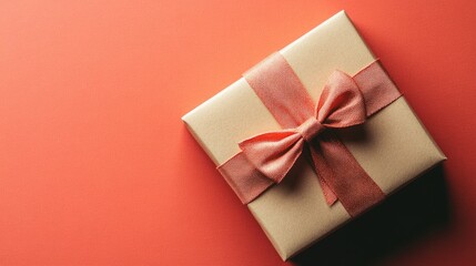 Poster - Elegant gift box with pink ribbon on vibrant red background flat lay perfect for romantic occasions and greeting cards with customizable text space