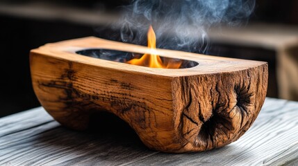 Aufkleber - Elegant vintage wood burner with flame and smoke creating a warm ambiance on a rustic wooden table