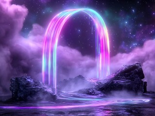 Poster - Ethereal Light Cascade Boundless ribbons of chromatic energy flow through a cosmic void bending light into prismatic refractions and iridescent digital glitches amidst a surreal