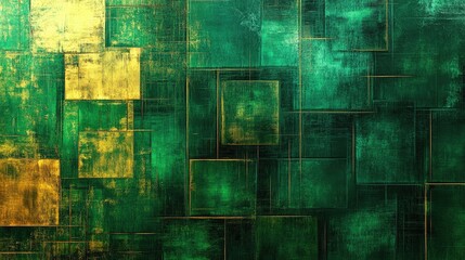 Poster - Vibrant abstract background showcasing rich green and gold textures with geometric shapes and layered effects for artistic visuals