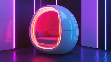 Aufkleber - Futuristic White Space Pod Illuminated by Colorful Neon Lights in Modern Setting