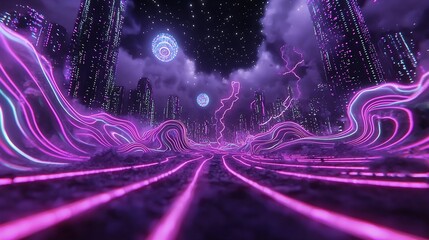 Poster - Captivating Quantum Ripples in a Luminous Neon Cityscape of Ethereal Digital Particles and Chromatic Oscillations   A mesmerizing digital with a retro futuristic aesthetic and a sense of wonder and