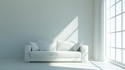 Aufkleber - Minimalist white sofa by large window in bright empty room with natural light and soft shadows creating a serene atmosphere