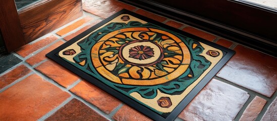 Poster - Colorful patterned doormat on stylish tiled floor adding elegance and charm to the entryway decor in a welcoming home setting