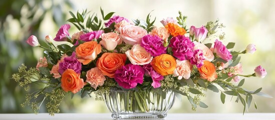 Poster - Elegant spring floral arrangement with ranunculus carnations and roses in a decorative vase complemented by a softly blurred background