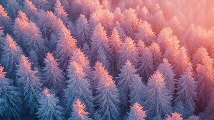 Poster - sunset over a winter forest with frost-covered trees creating a serene natural landscape in beautifu