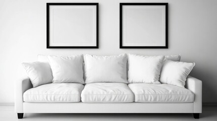 Poster - Minimalist white sofa interior with blank black frame posters on a clean white wall for stylish decoration and design mockup.