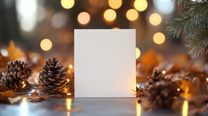 Aufkleber - Autumn Themed Empty Greeting Card Mockup Surrounded by Pine Cones and Warm Bokeh Lights in a Cozy Seasonal Setting