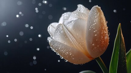 Poster - Elegant white tulip adorned with water droplets against a dark background creating a captivating and serene floral composition.