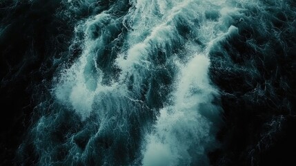 Poster - Turbulent ocean waves crashing dramatically under stormy skies showcasing nature's raw power and intensity in a dark seascape.