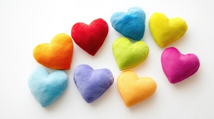 Poster - Colorful plush heart shapes arranged on a bright white background creating a cheerful and playful decorative display.
