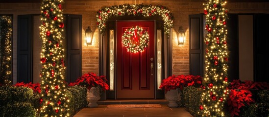 Poster - Festive red Christmas decorations with twinkling lights and lush greenery creating a warm holiday ambiance for joyful celebrations