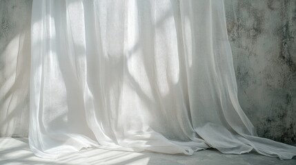 Aufkleber - Sheer white curtains creating delicate shadows on a textured gray concrete wall interior background.