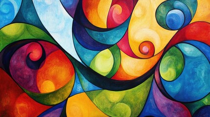 Poster - Vibrant abstract artwork featuring colorful shapes and dynamic swirls in a harmonious blend of hues and patterns.