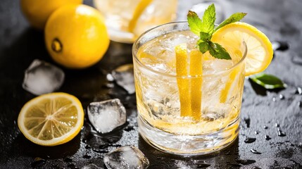 Poster - Refreshing Vodka Cocktail Garnished with Lemon Slices on a Dark Surface Surrounded by Ice Cubes and Fresh Mint Leaves