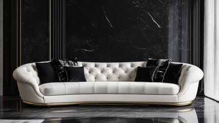 Aufkleber - Elegant white sofa in luxurious interior setting with black marble accents and decorative pillows perfect for home decor showcases and mockups.