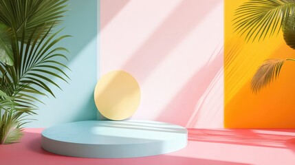 Poster - Vibrant abstract geometric background with circular display and tropical leaves for product showcasing and branding purposes