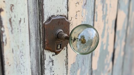 Poster - Vintage Mid Century Glass Door Knob with Keyhole on Weathered Wooden Door with Peeling Paint