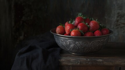 Poster - Vintage metal bowl filled with fresh ripe strawberries on rustic wooden table adorned with dark textile in moody atmosphere.