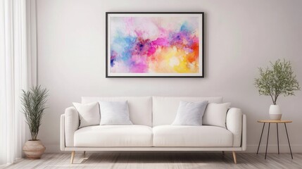 Poster - Minimalist living room design featuring a white sofa, colorful framed artwork, and decorative plants in a modern interior setting.
