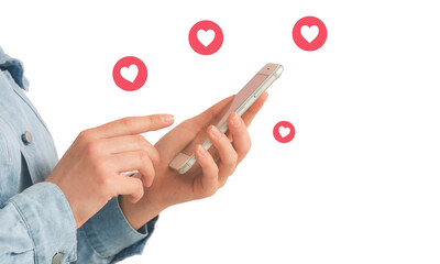 Contemporary art collage artwork featuring a hand holding a modern phone, heart social media badge