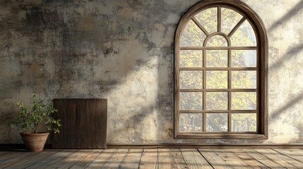 Aufkleber - Vintage wooden window on aged wall with natural light casting shadows and potted plant, ideal for interior design and architecture themes.