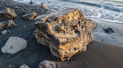 Poster - Volcanic rock formations amidst textured black sand on a tranquil beach with gentle ocean waves in the background