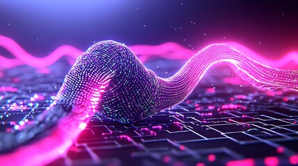 Poster - Captivating Chromatic Quantum Infusion   Ethereal Digital Particles Mesmerize in Retro Futuristic Neon Cityscape  Luminous energy fields iridescent visual distortions