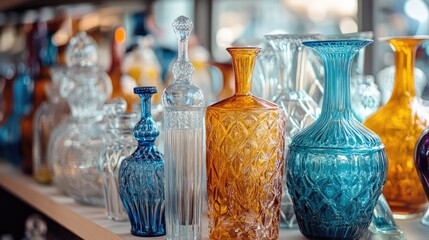Aufkleber - Colorful vintage glass collection showcasing various intricate designs and textures in a charming display setting.