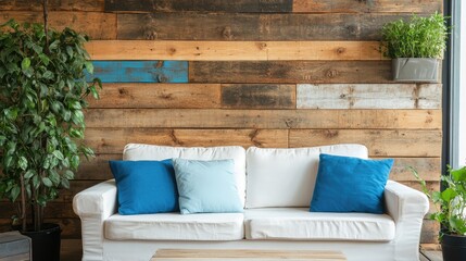 Aufkleber - Cozy living space featuring a white sofa adorned with blue pillows against a rustic wooden wall and lush green plants for a serene atmosphere