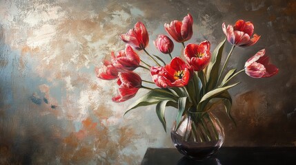 Poster - Vibrant Red Tulips in a Clear Vase Against a Textured Background Capturing the Essence of Spring and Natural Beauty