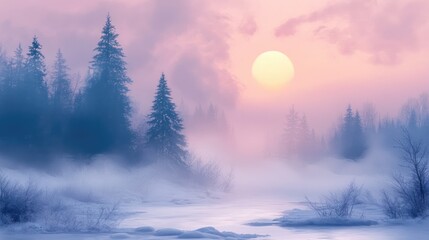 Poster - tranquil winter landscape with dense fog over a river during sunrise featuring silhouettes of trees 