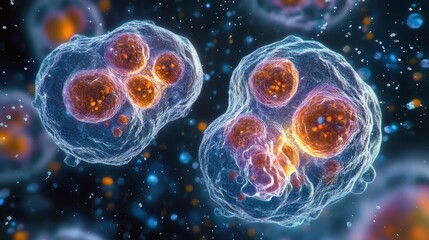 Poster - close-up of euglenoids undergoing cellular processes with brightly colored organelles and surroundin
