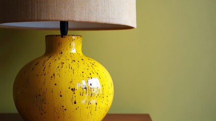 Poster - vintage yellow ceramic lamp with textured finish on wooden table against green wall for stylish interior decor