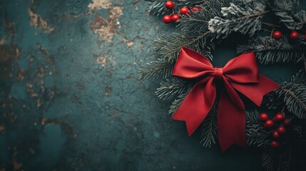 Poster - Classic red bow elegantly tied to a lush holiday wreath with berries on a rustic textured background for festive decor themes.