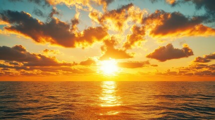 Aufkleber - Stunning Sunset Over Ocean with Golden Clouds and Radiant Sunbeams Illuminating the Water in High Definition