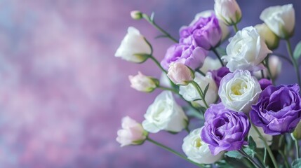 Aufkleber - Vibrant violet and white eustoma buds elegantly arranged in a delicate floral bouquet on a soft pastel background