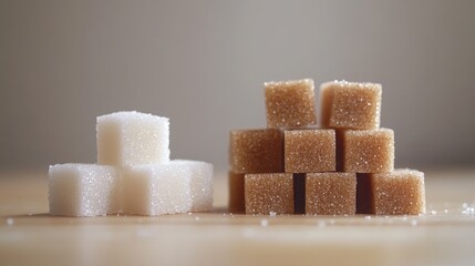 Poster - White and brown sugar cubes displayed in a close-up flat lay on a neutral background showcasing their textures and colors