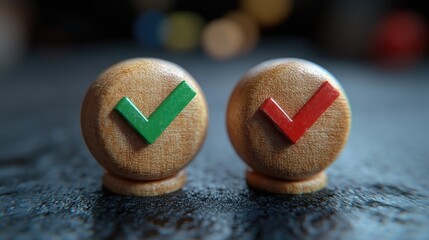 Poster - two wooden buttons featuring green and red tick marks for use in various design projects