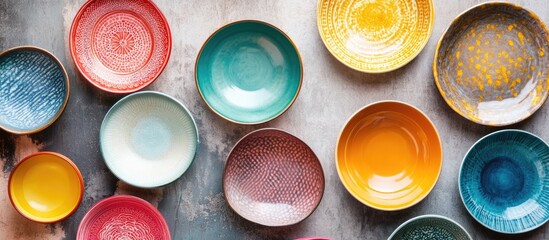 Poster - Colorful decorative plates and bowls arranged artistically on a textured surface enhancing modern home decor and interior aesthetics