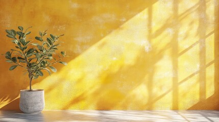 Poster - vibrant yellow textured wall with plant and natural light creating soft shadows indoors
