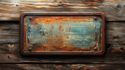 Poster - Weathered Vintage License Plate with Rusty Metal Frame on Rustic Wooden Background