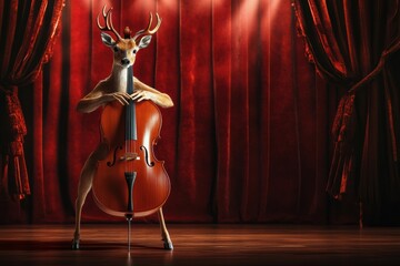 Poster - Deer skillfully plays a cello under stage lights in a theater with red curtains. Generative AI