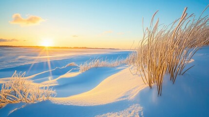 Aufkleber - Snow-covered dunes at sunset highlighting extreme weather contrasts with vibrant colors and natural beauty of a winter landscape.